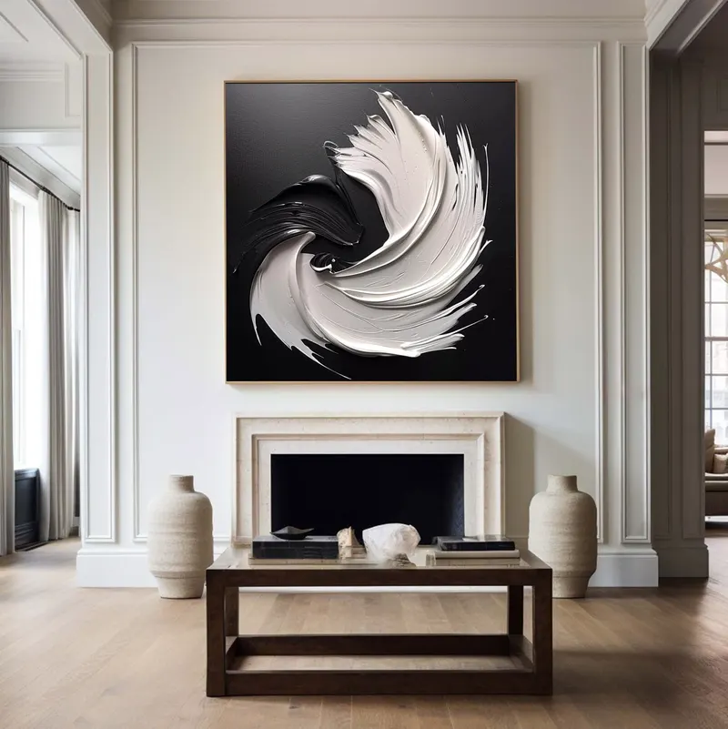 Framed Black and White 3D Texture Art - Minimalist Large Modern Painting