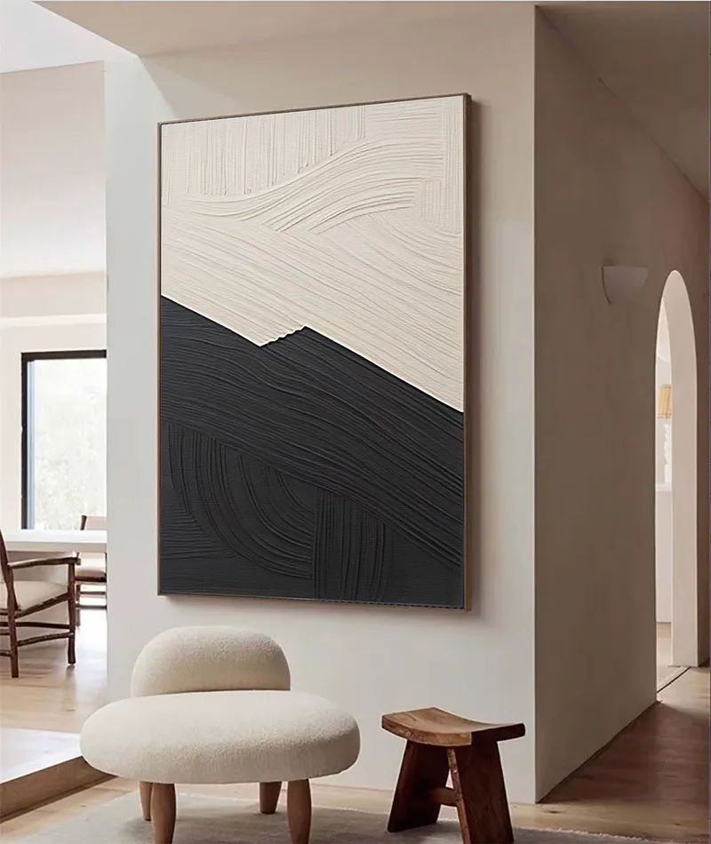 Large Framed Black and White 3D Texture Art - Minimalist Modern Design