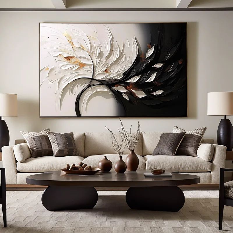 Framed Black and White Minimalist 3D Textured Art - Modern Large Design