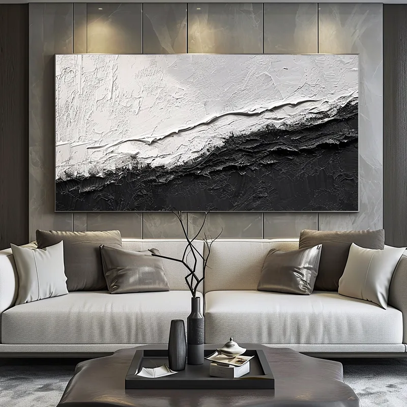 Large Black and White 3D Textured Art - Framed Minimalist Modern Design