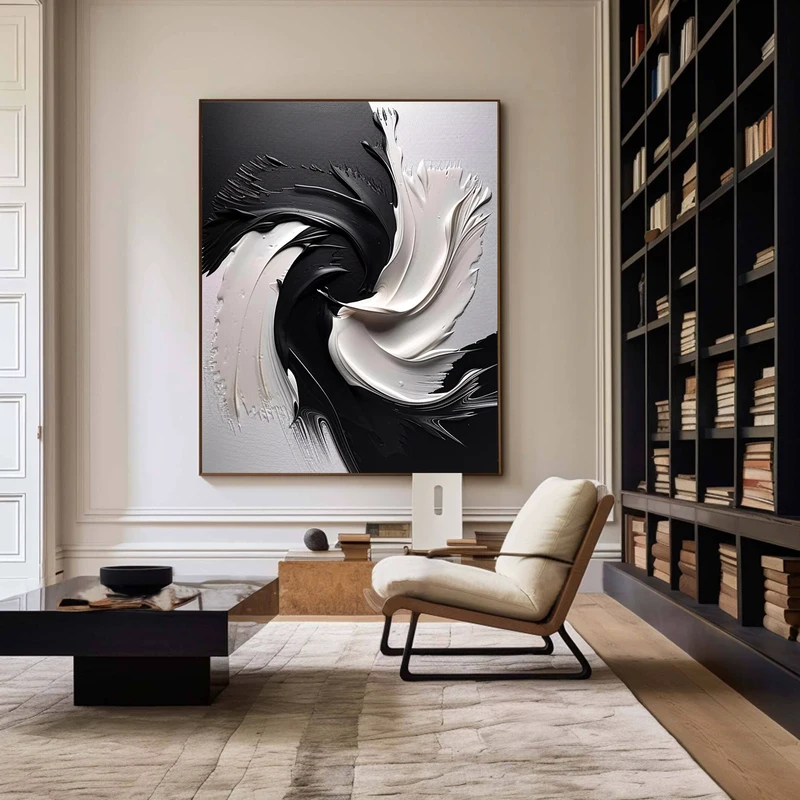Large Black and White Minimalist 3D Texture Art - Modern Design