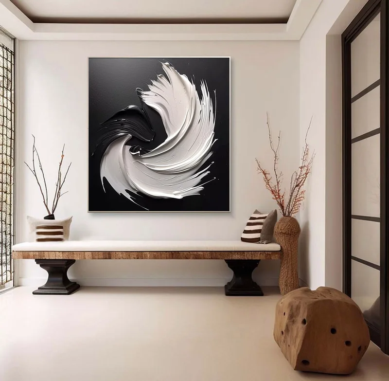Framed Black and White 3D Texture Art - Minimalist Large Modern Painting