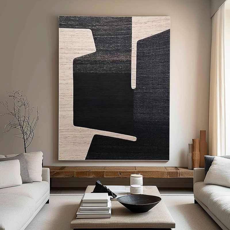 Large Modern Black and White 3D Textured Art - Framed Minimalist Design