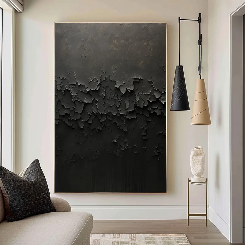 Large Black and White 3D Textured Art - Framed Minimalist Modern Painting