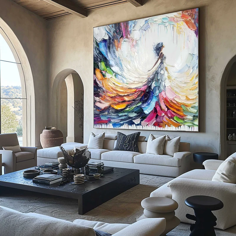 Large Hand-Painted Colorful Floral Oil Painting for Living Rooms