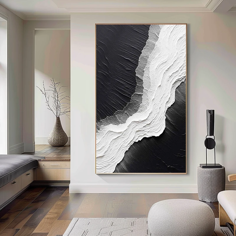 Framed Black and White Minimalist 3D Textured Art - Large Design