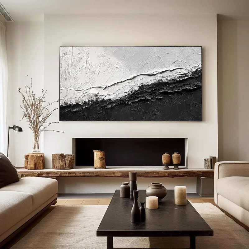 Large Black and White 3D Textured Art - Framed Minimalist Modern Design