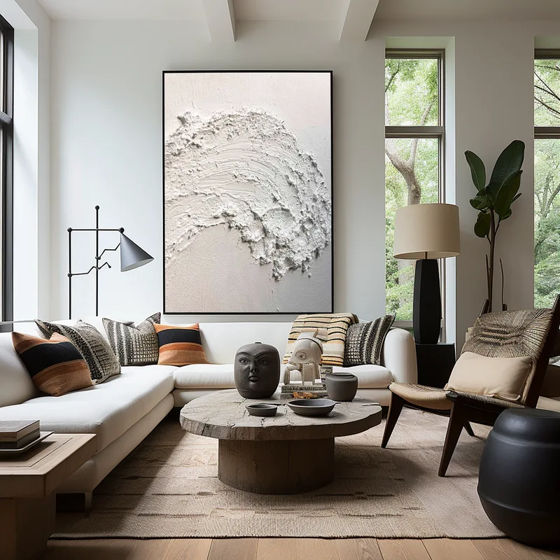Large 3D Textured Black and White Minimalist Art - Modern Framed Design