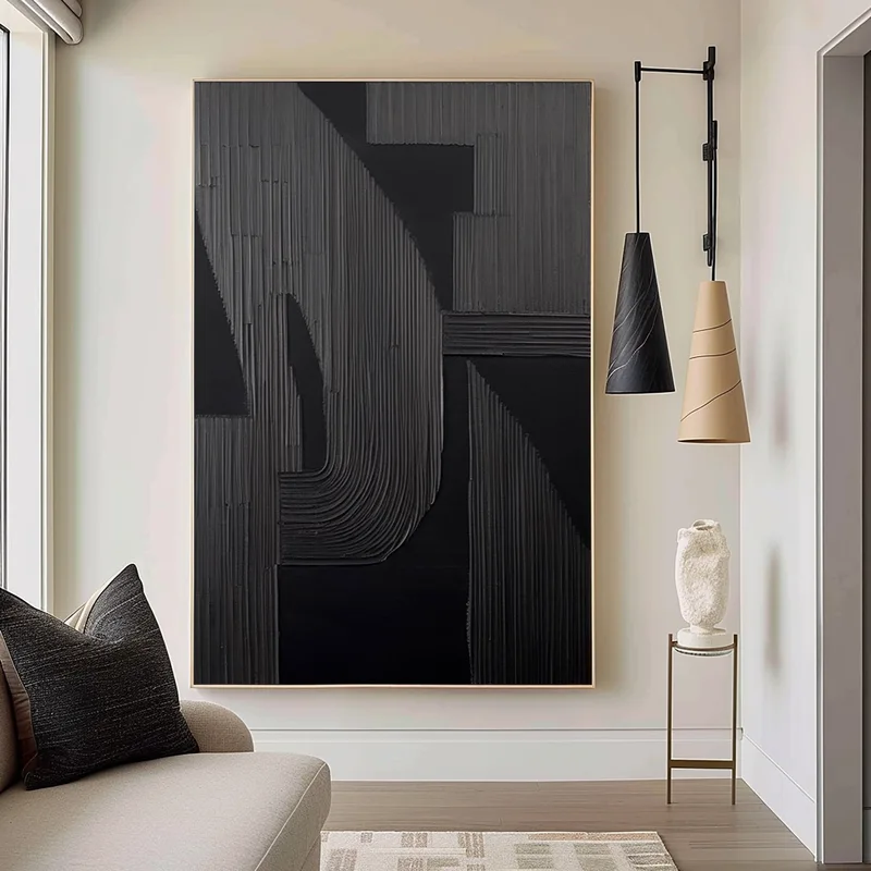 Minimalist 3D Black and White Textured Art - Large Modern Framed Painting