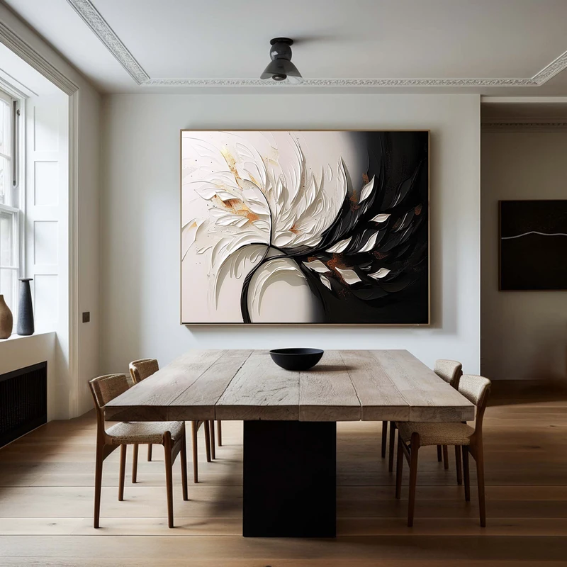 Framed Black and White Minimalist 3D Textured Art - Modern Large Design