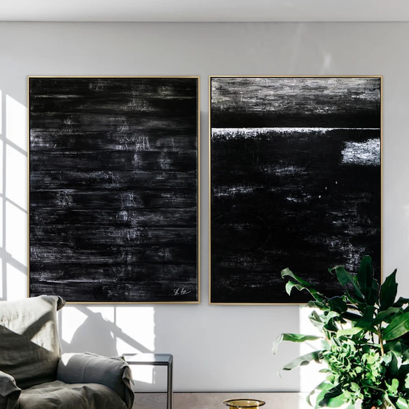 2 Set of Modern Expressionism Abstract Original Painting, Black & White Large Canvas Art in Minimalism | Black Abstract (2 Set)