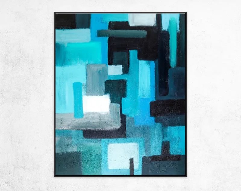 Geometric Original Abstract Painting in Acrylic, Large Modern Canvas Wall Art of Overlapping Turquoise and Black Shapes | Assembled