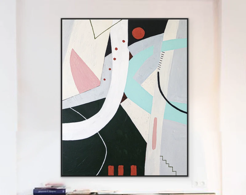 Whimsical Large Abstract Canvas Wall Art, Playful Contemporary Abstract Original Acrylic Painting | A red circle's playhouse