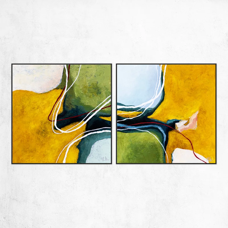 2 Set of Original Abstract Colorful Painting, Modern Yellow and Green Hues Canvas Wall Art | Kalliroi (2 Set)