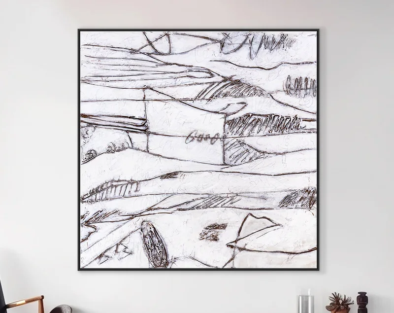 Highlighted with Lines and Texture Large Original Abstract Minimalism Painting, Black and White Modern Canvas Wall Art | Es III