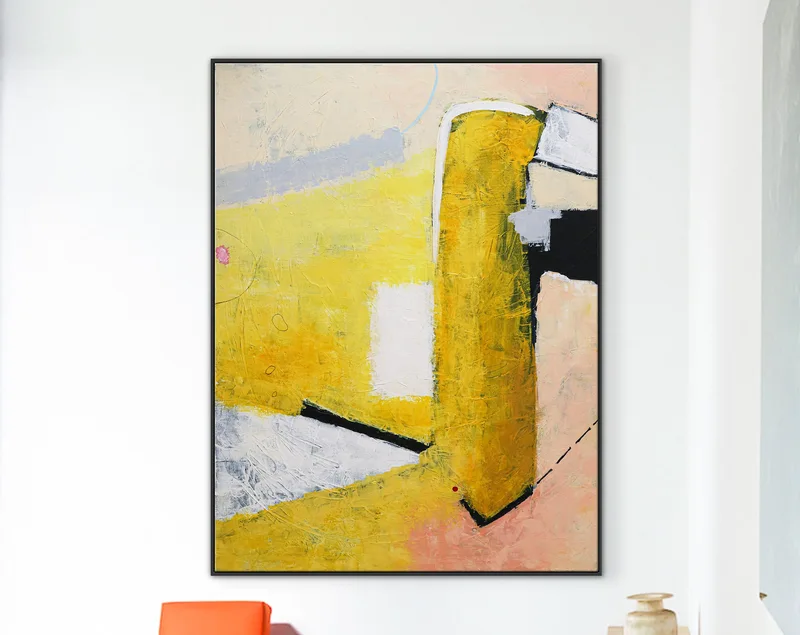 Vibrant Yellow Large Modern Abstract Original Painting, Canvas Wall Art Expressing Liveliness | The dream of a red dot