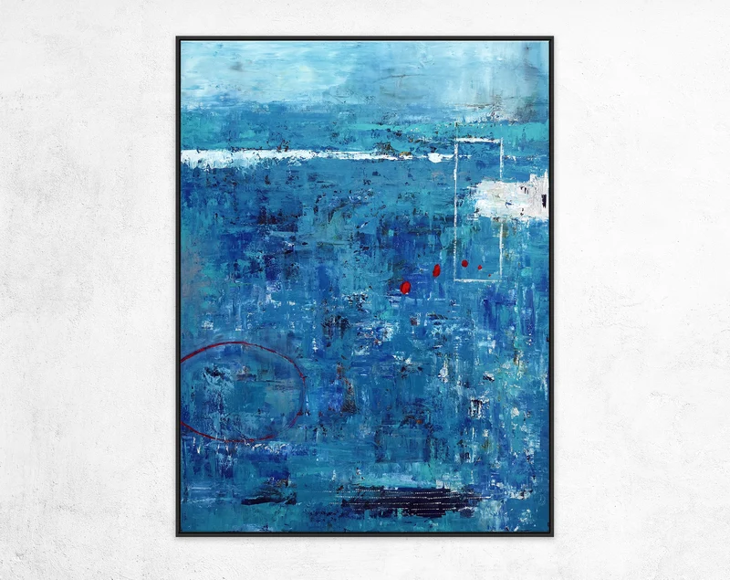 Blue Original Abstract Acrylic Painting in Rough Brush Strokes, Large Modern Canvas Wall Art | Red dot transported