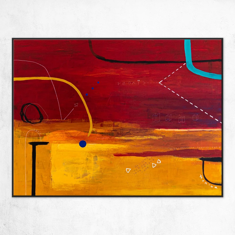 Geometric Large Modern Original Abstract Acrylic Painting with Simple Elements, Red and Yellow Canvas Wall Art | Dypdrom
