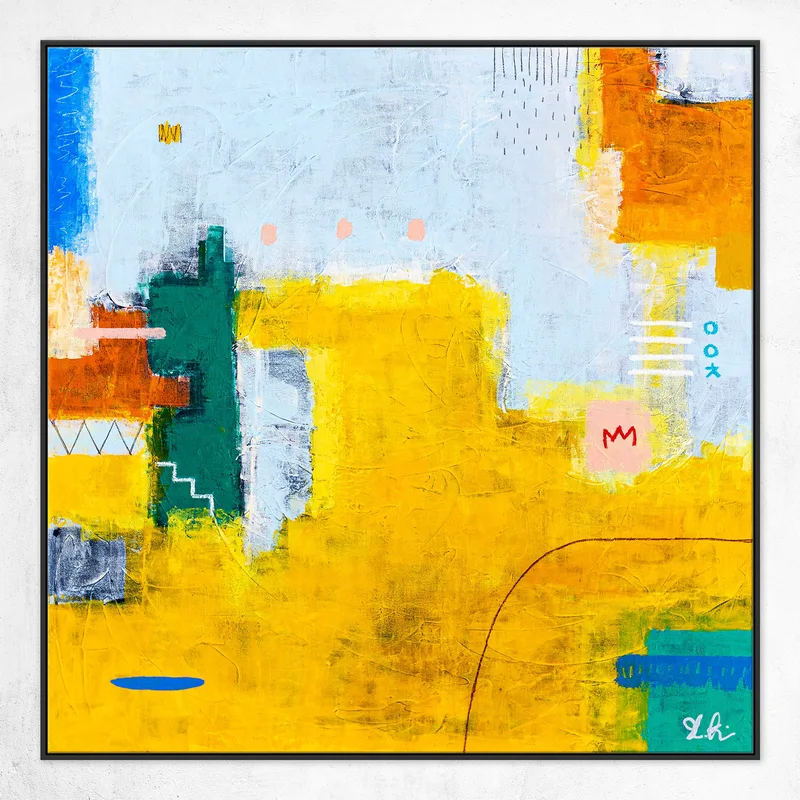 Modern Original Abstract Acrylic Painting, Playful with Bright Yellow Emphasis Canvas Wall Art | Belle