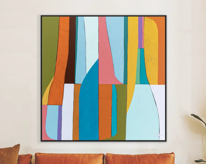Large Original Geometric Abstract Acrylic Painting, Bright and Colorful Contemporary Modern Canvas Wall Art | Mid-century lulu