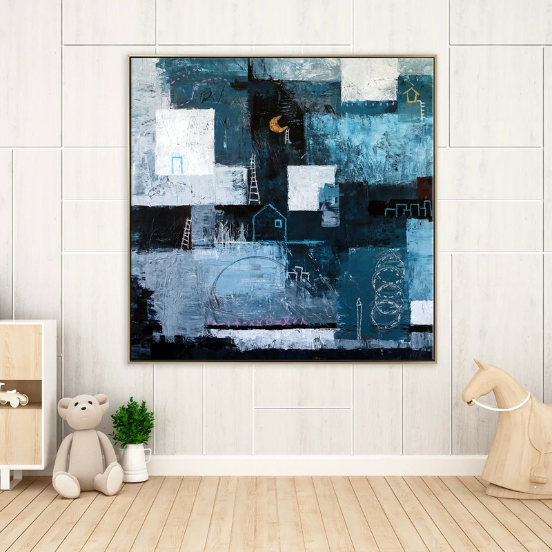 Original Abstract Painting in Acrylic, Evocative Large Modern Canvas Wall Art of Nostalgic Nightscapes | Night Town