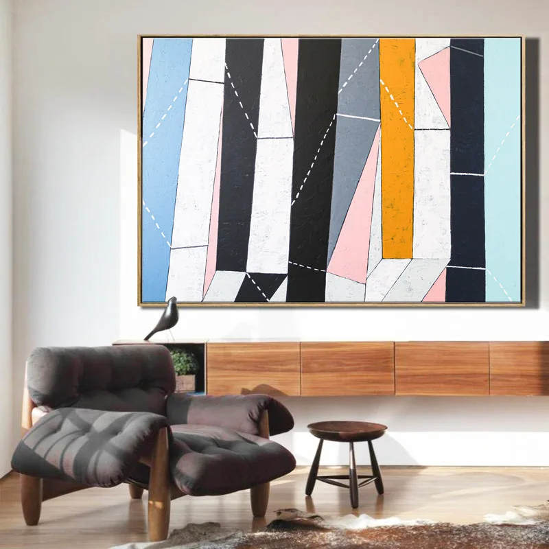 Minimal Colorful Abstract Large Original Painting, Contemporary Modern Canvas Wall Art with Stripes and Blank Spaces | In between blank