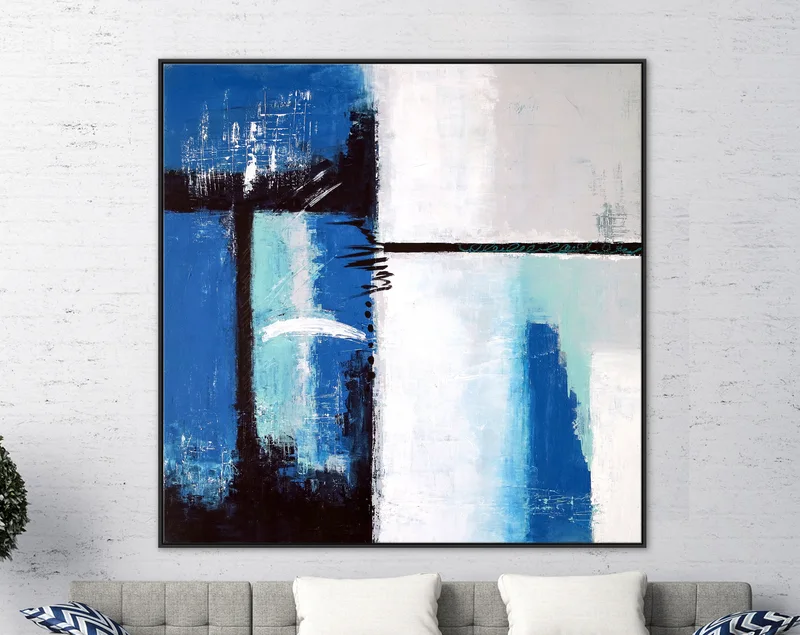 Blue Original Abstract Acrylic Painting, Large Geometric Modern Canvas Wall Art Exemplifying Softness and Strength | Janus