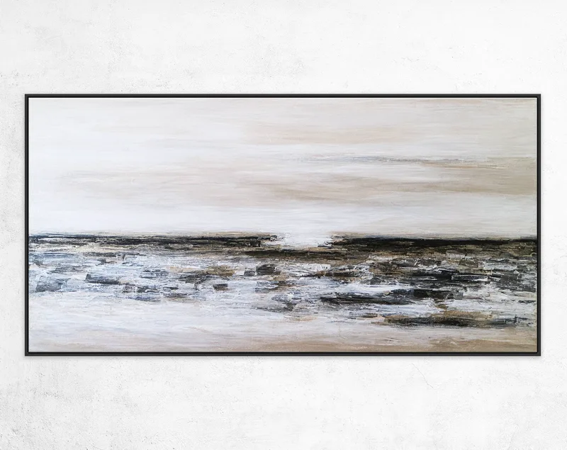 Seascape in Wide Acrylic Abstract Original Painting, Large Canvas Modern Wall Art of Light & Land Boundary | Horizon II