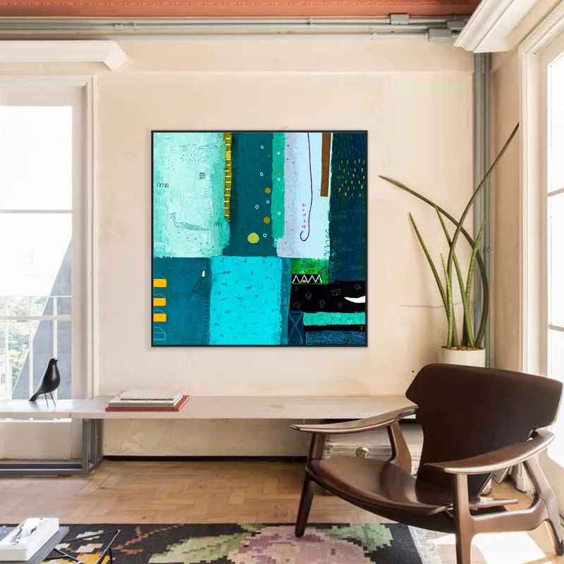 Teal Original Abstract Colorful Painting, Unique Modern Canvas Wall Art with Green Color Theme | Petit Paon