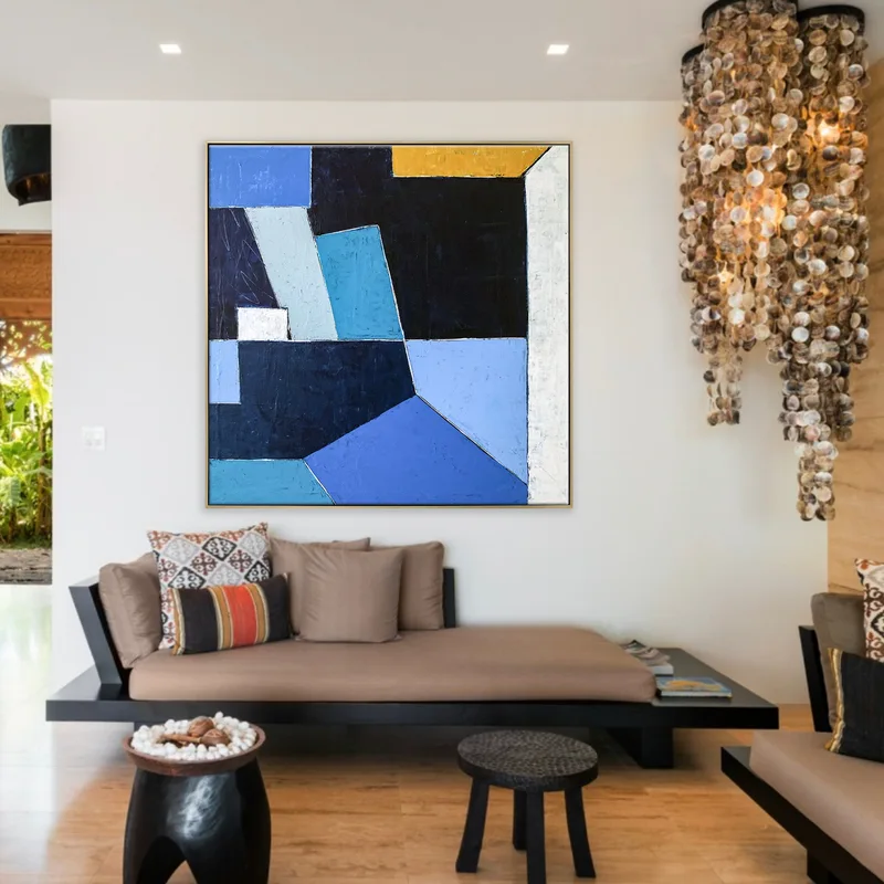 Geometric Blue Original Abstract Painting in Acrylic, Modern Canvas Wall Art of Dynamic Interplay | Geometry II