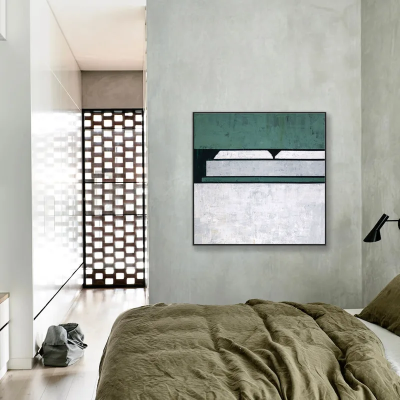 Geometric Minimalist Original Abstract Painting in Acrylic, Large Modern Canvas Wall Art in Green Color | Room I
