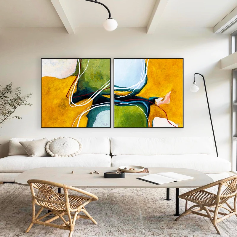 2 Set of Original Abstract Colorful Painting, Modern Yellow and Green Hues Canvas Wall Art | Kalliroi (2 Set)