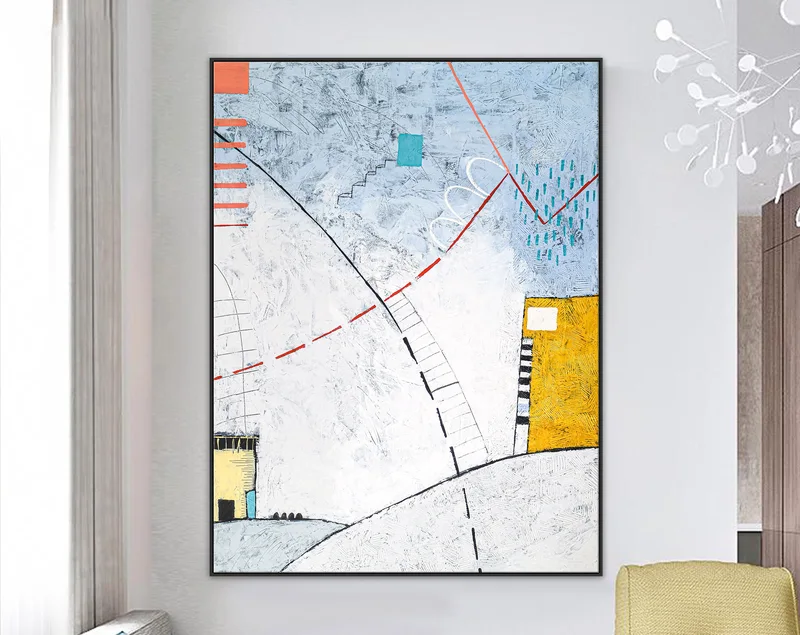 Playful Large original Abstract Acrylic Painting, Contemporary Modern Canvas Wall Art of Two Buildings Amidst Cozy Comfort | Domus