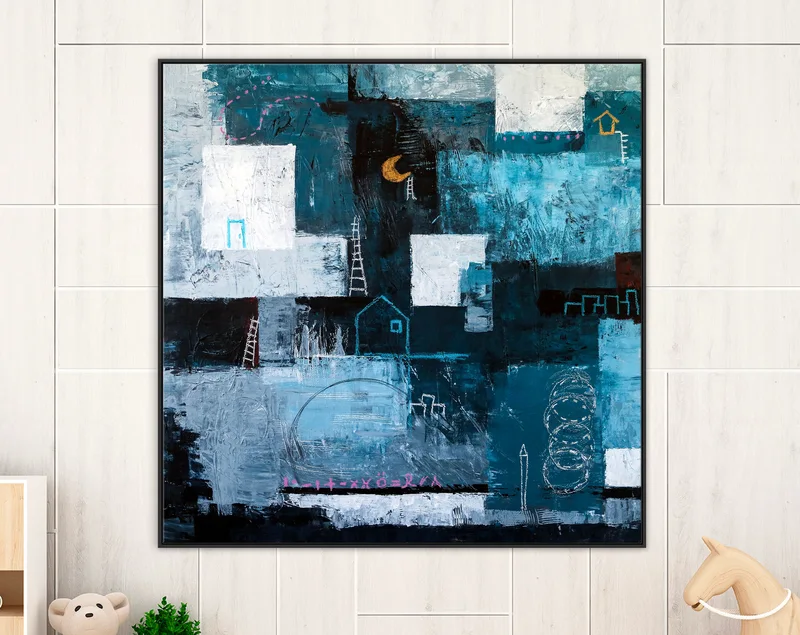 Original Abstract Painting in Acrylic, Evocative Large Modern Canvas Wall Art of Nostalgic Nightscapes | Night Town