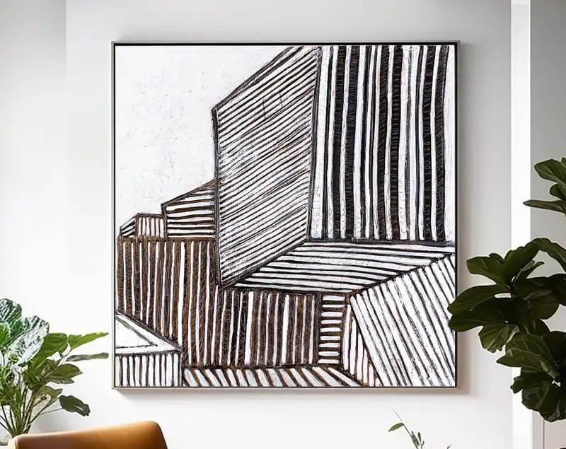 Highlighted with Bold Lines Large Original Abstract Minimalism Painting, Black and White Modern Canvas Wall Art | Es III