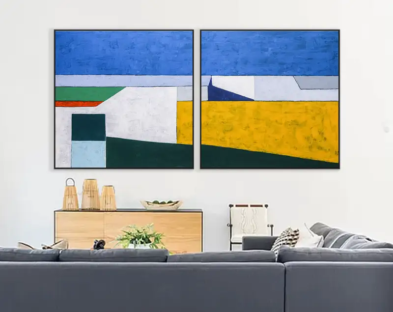 2 Set of Seascape Geometric Abstract Modern Painting, Contemporary Minimalist Canvas Wall Art | My balcony (2 Set)