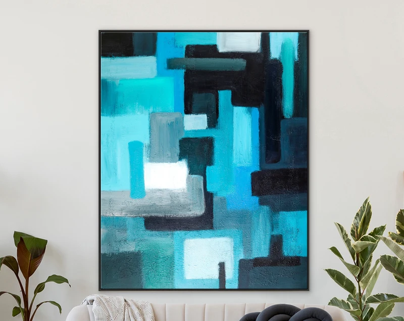 Geometric Original Abstract Painting in Acrylic, Large Modern Canvas Wall Art of Overlapping Turquoise and Black Shapes | Assembled