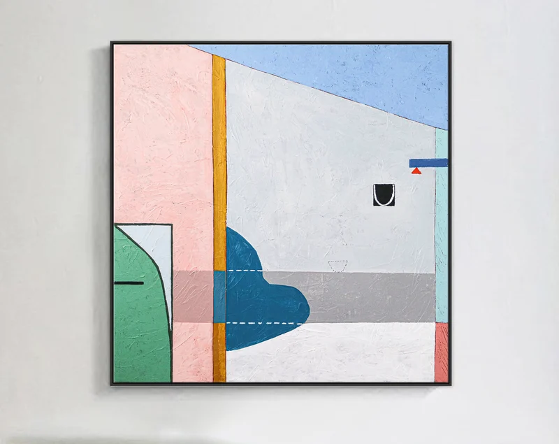 Geometric Large Original Modern Abstract Acrylic Painting, Calm and Warm Contemporary Canvas Wall Art | Blue chair