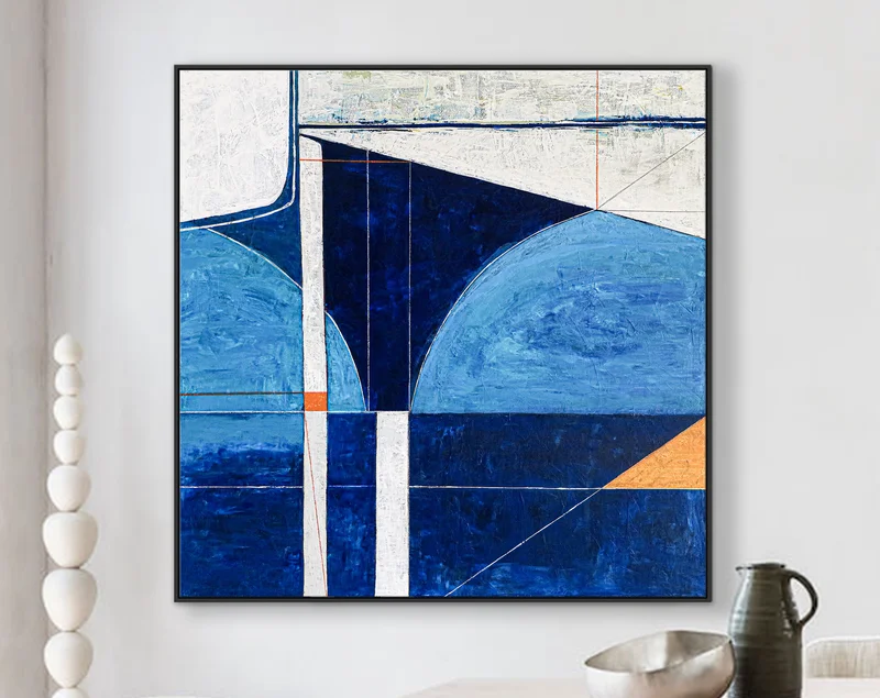 Classic & Modern Large Original Abstract Geometric Painting, Contemporary Blue Acrylic Modern Canvas Wall Art | Circa
