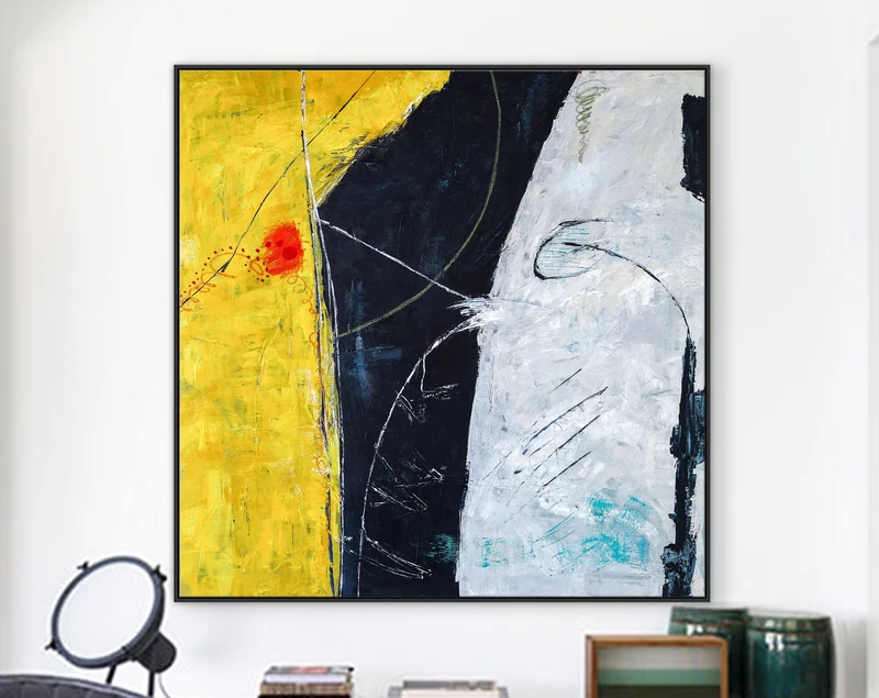 Bold Expression of Modern Abstract Original Painting in Acrylic, Large Canvas Wall Art in Yellow & Blue | Connection II