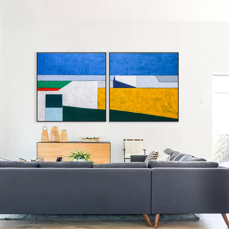 2 Set of Seascape Geometric Abstract Modern Painting, Contemporary Minimalist Canvas Wall Art | My balcony (2 Set)