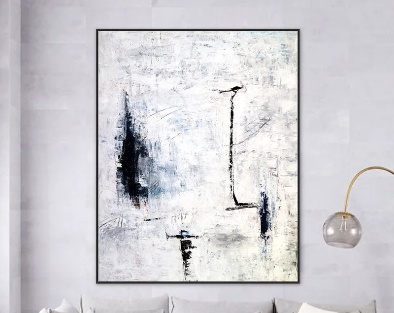 Minimalism Original Abstract Painting in Acrylic, Large Black & White Contemporary Modern Canvas Wall Art | Trace