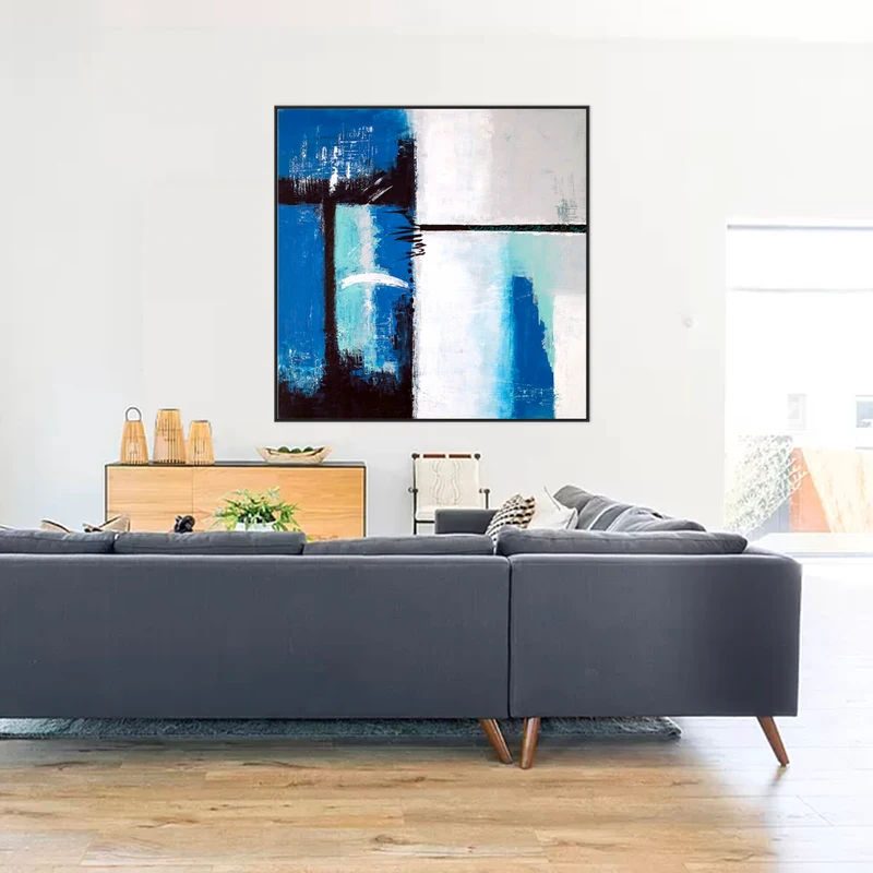 Blue Original Abstract Acrylic Painting, Large Geometric Modern Canvas Wall Art Exemplifying Softness and Strength | Janus