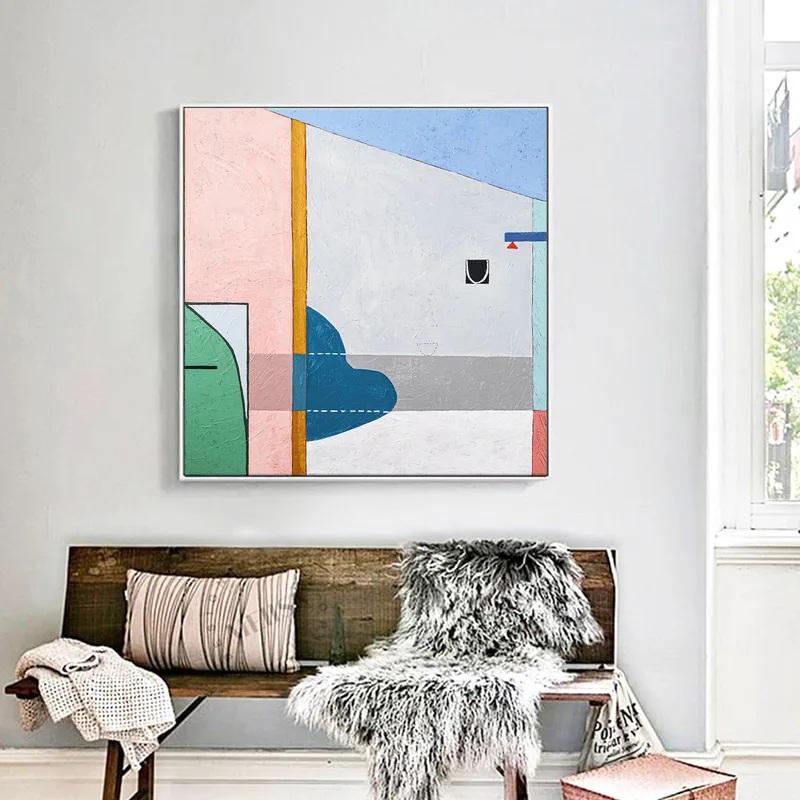Geometric Large Original Modern Abstract Acrylic Painting, Calm and Warm Contemporary Canvas Wall Art | Blue chair