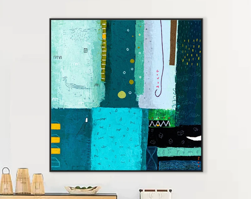 Teal Original Abstract Colorful Painting, Unique Modern Canvas Wall Art with Green Color Theme | Petit Paon