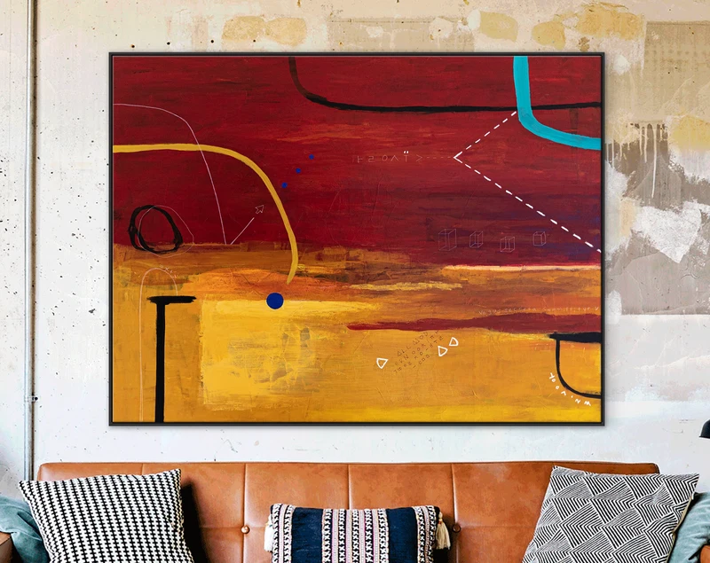 Geometric Large Modern Original Abstract Acrylic Painting with Simple Elements, Red and Yellow Canvas Wall Art | Dypdrom