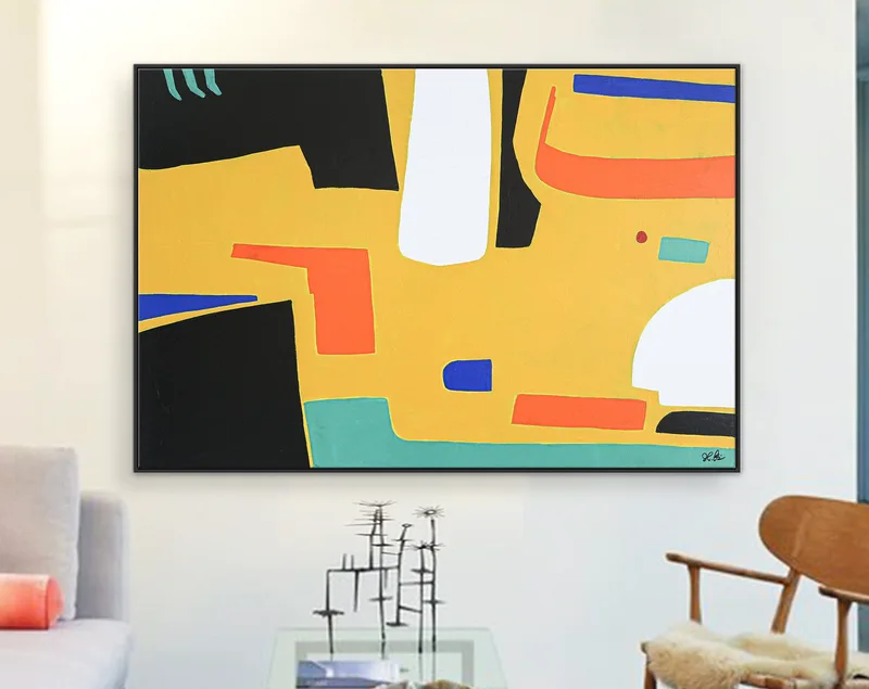Playful Balanced Original Abstract Minimalist Painting, Yellow Modern Contemporary Canvas Wall Art | Cogito II