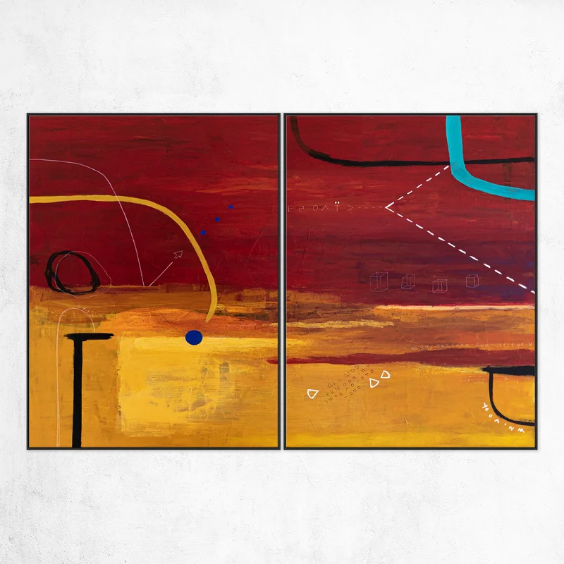 2 Set of Geometric Large Modern Original Abstract Painting with Simple Elements, Red and Yellow Canvas Wall Art | Dypdrom (2 Set)