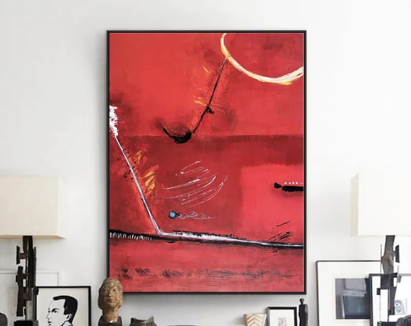 Red Minimalist Abstract Original Painting in Acrylic, Large Modern Canvas Wall Art with Narrating a Surreal Space Story | A Tale