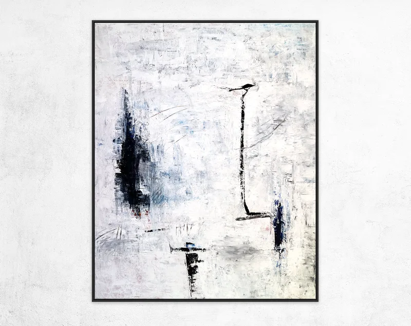 Minimalism Original Abstract Painting in Acrylic, Large Black & White Contemporary Modern Canvas Wall Art | Trace